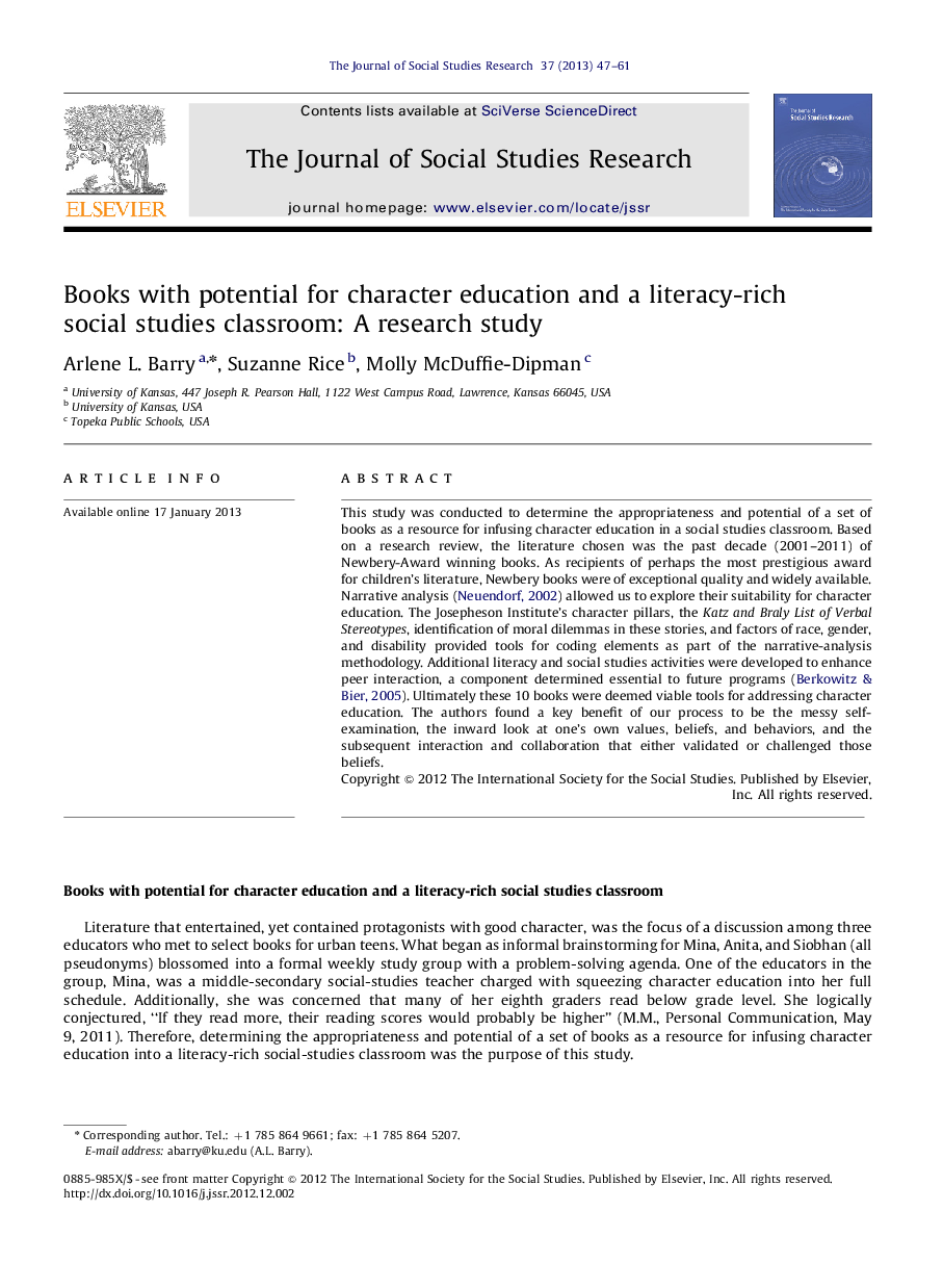 عکس صفحه اول مقاله: Books with potential for character education and a literacy-rich social studies classroom: A research study Books with potential for character education and a literacy-rich social studies classroom: A research study