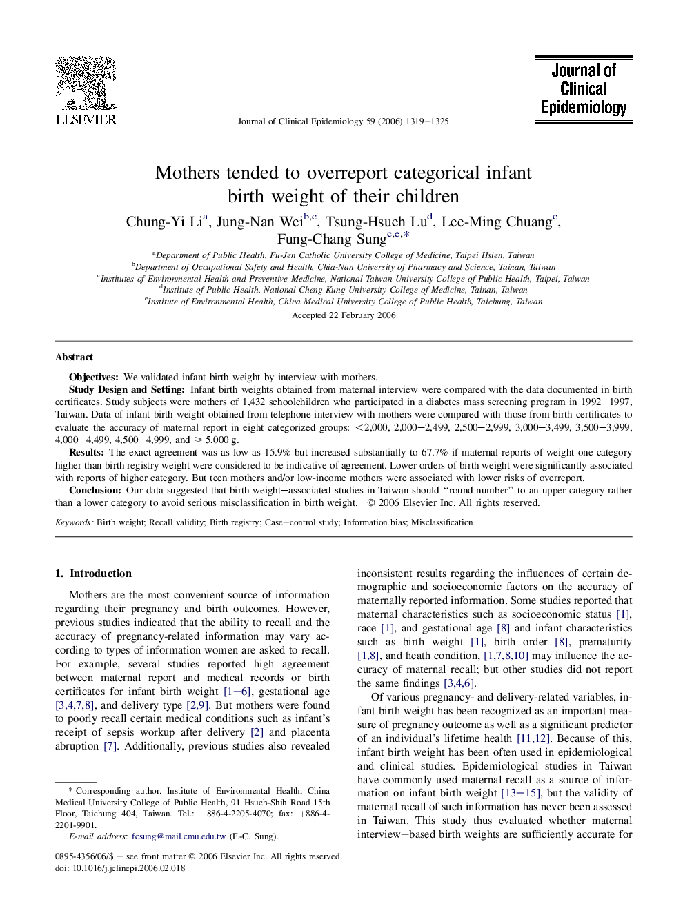 Mothers tended to overreport categorical infant birth weight of their children