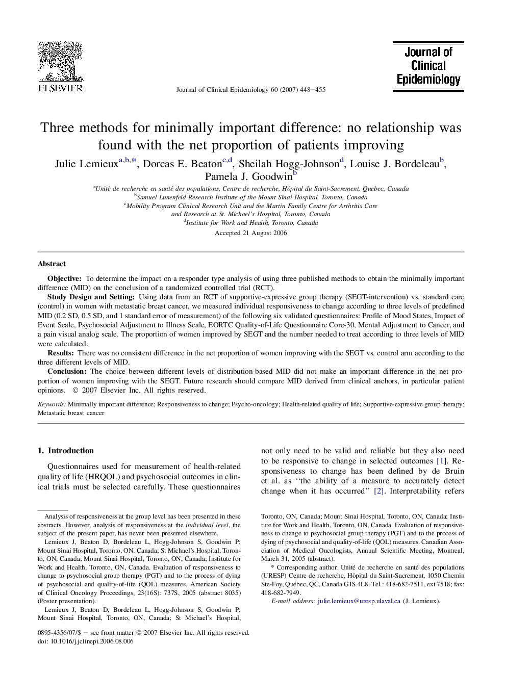 Three methods for minimally important difference: no relationship was found with the net proportion of patients improving 