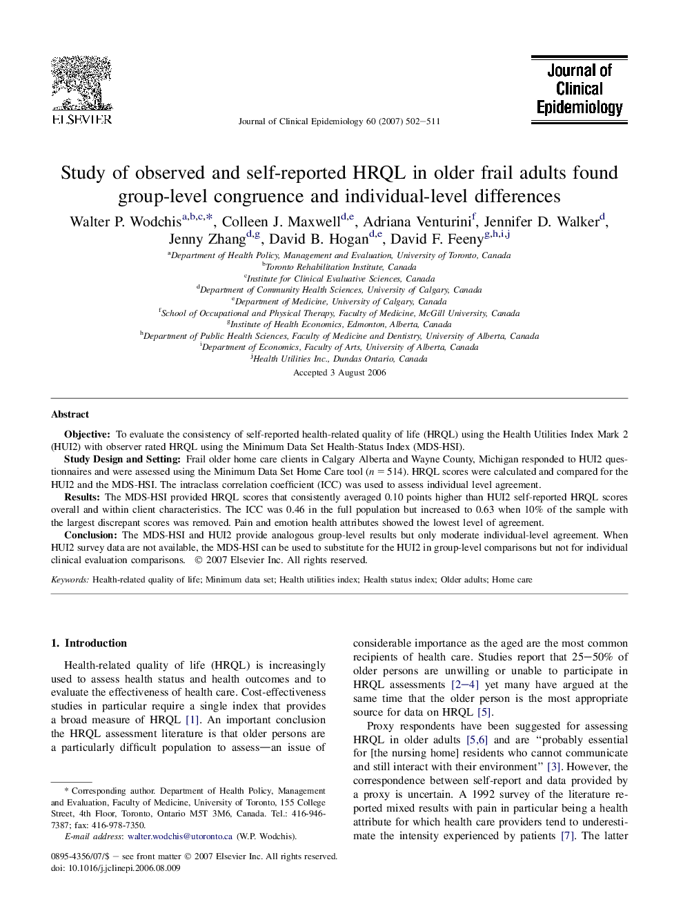 Study of observed and self-reported HRQL in older frail adults found group-level congruence and individual-level differences