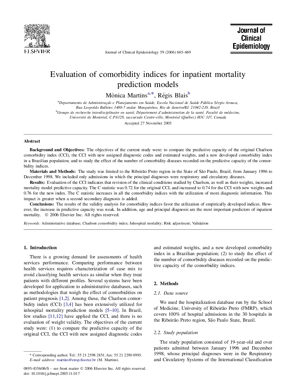 Evaluation of comorbidity indices for inpatient mortality prediction models