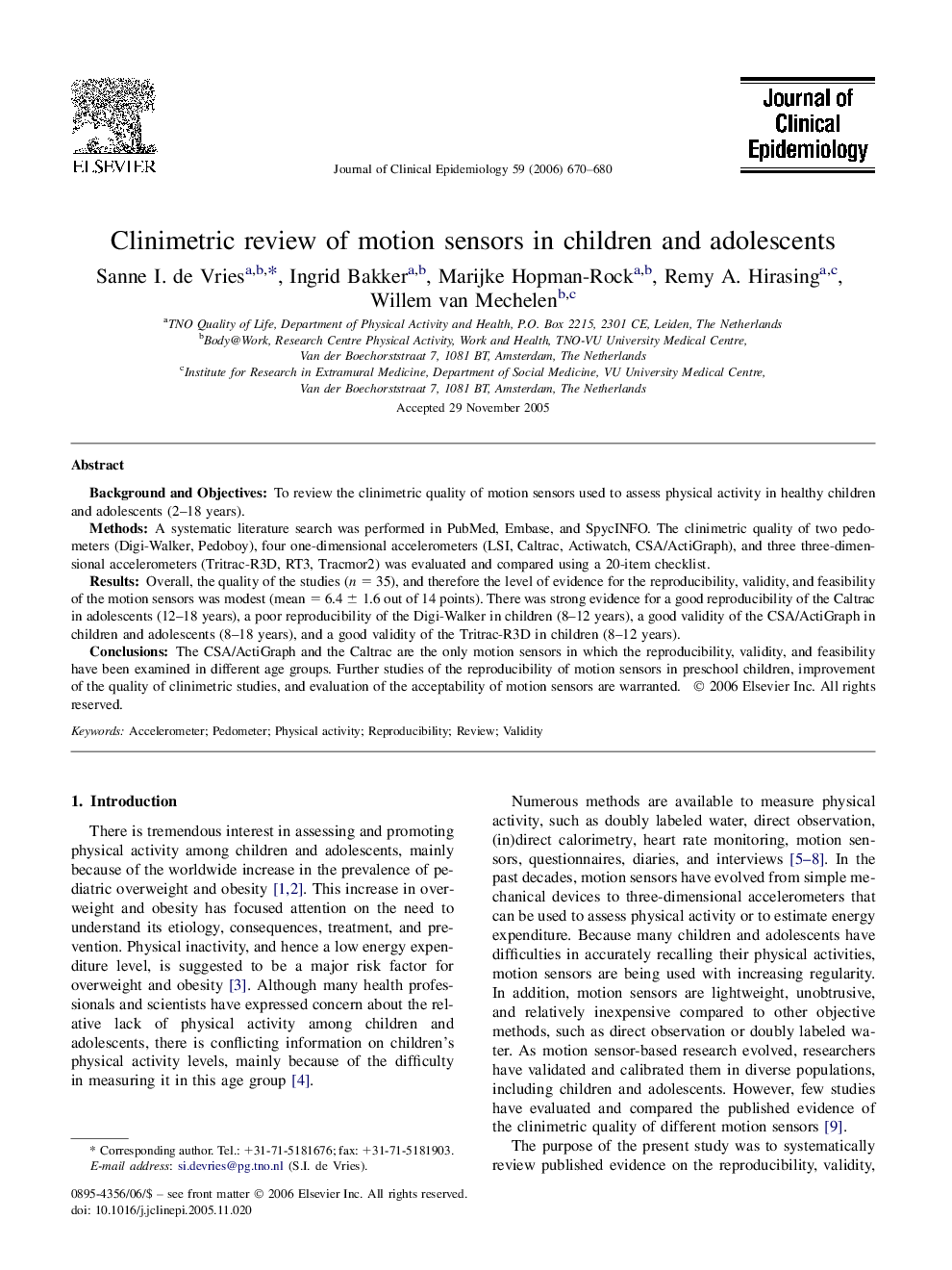 Clinimetric review of motion sensors in children and adolescents