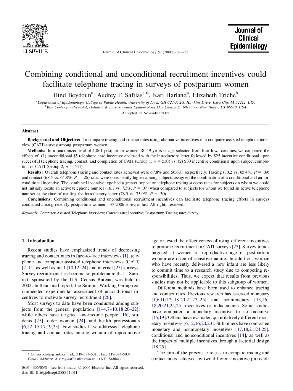 Combining conditional and unconditional recruitment incentives could facilitate telephone tracing in surveys of postpartum women