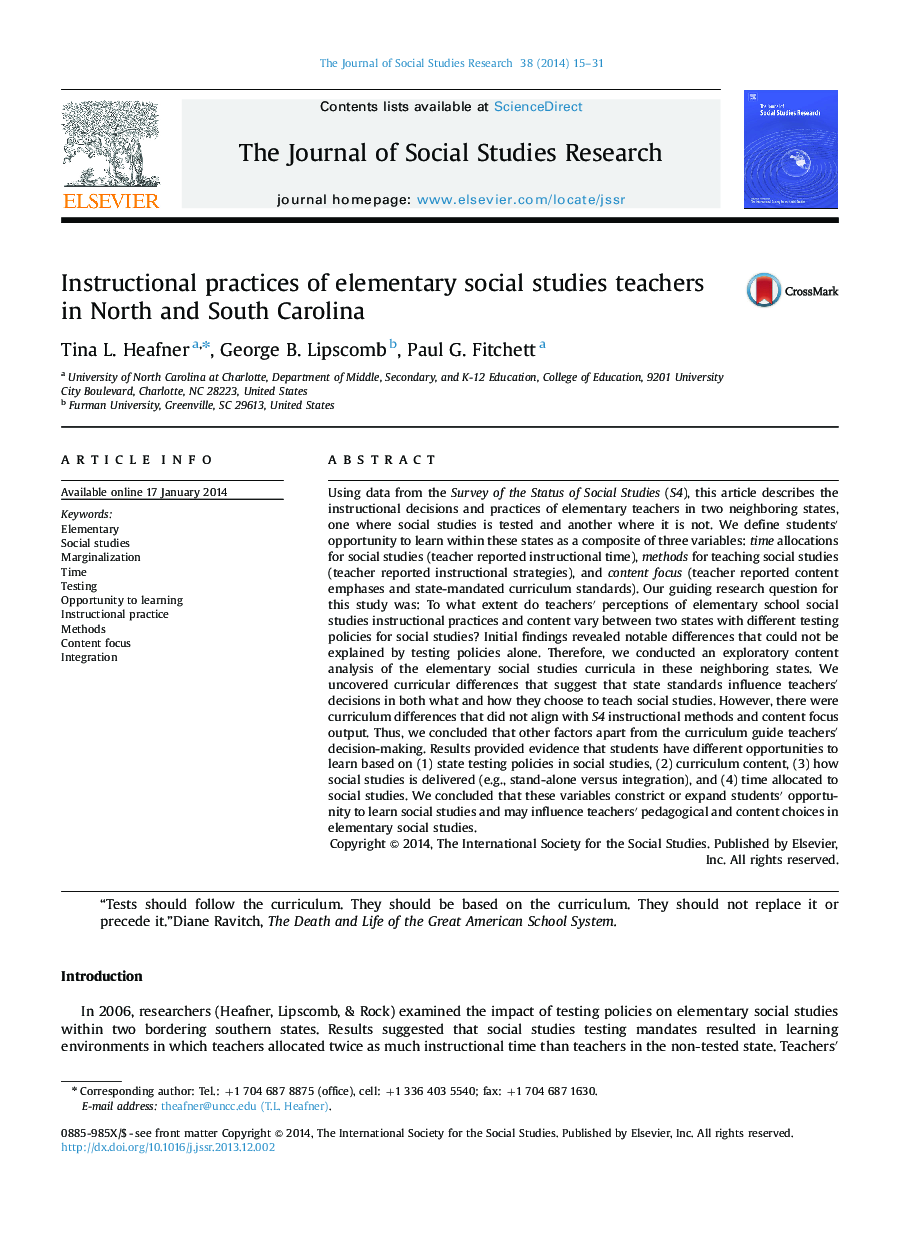 Instructional practices of elementary social studies teachers in North and South Carolina