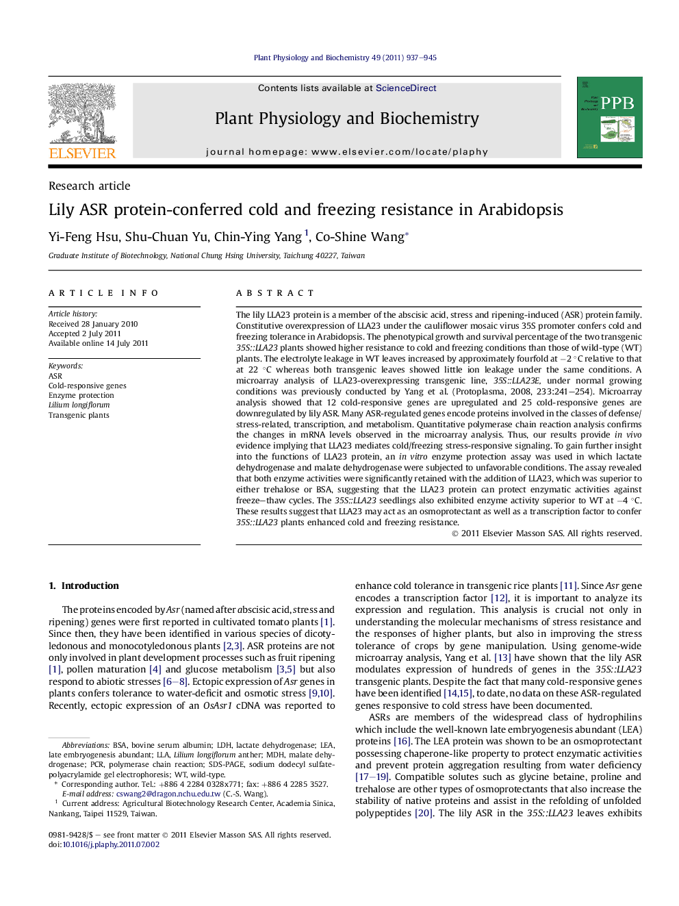 Lily ASR protein-conferred cold and freezing resistance in Arabidopsis