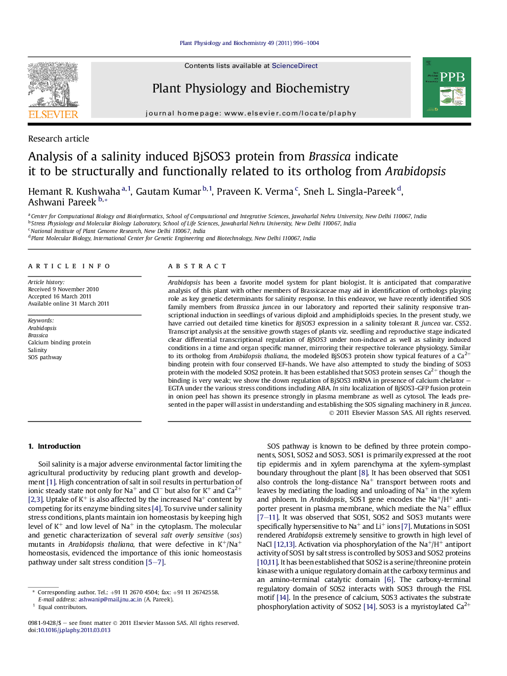 Analysis of a salinity induced BjSOS3 protein from Brassica indicate it to be structurally and functionally related to its ortholog from Arabidopsis