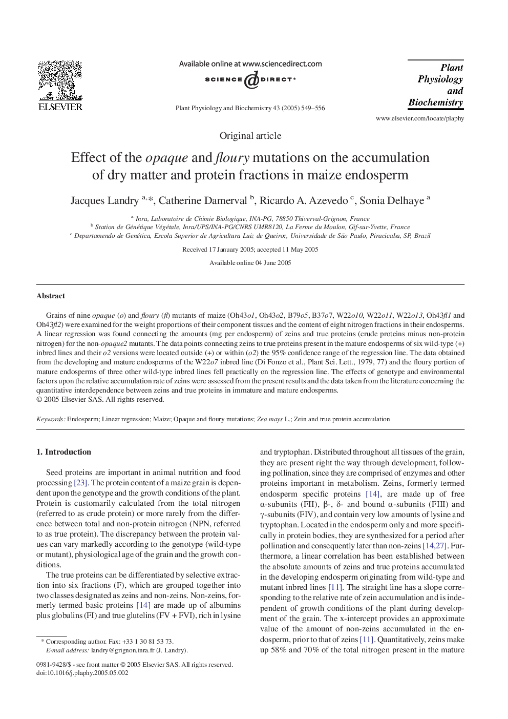 Effect of the opaque and floury mutations on the accumulation of dry matter and protein fractions in maize endosperm