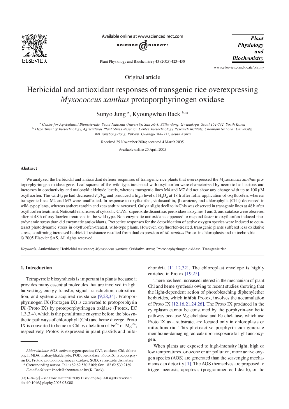 Herbicidal and antioxidant responses of transgenic rice overexpressing Myxococcus xanthus protoporphyrinogen oxidase