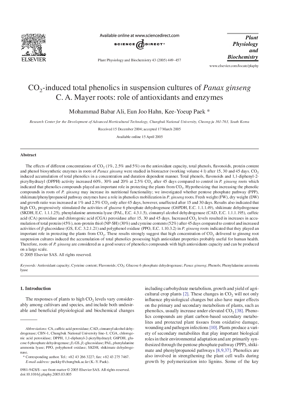 CO2-induced total phenolics in suspension cultures of Panax ginseng C. A. Mayer roots: role of antioxidants and enzymes