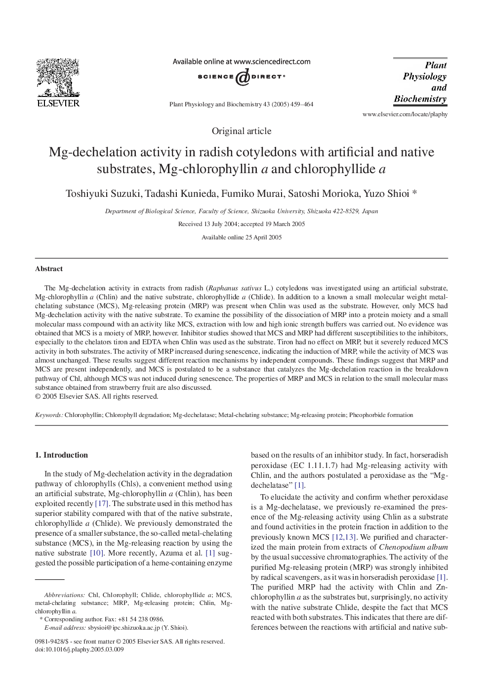 Mg-dechelation activity in radish cotyledons with artificial and native substrates, Mg-chlorophyllin a and chlorophyllide a