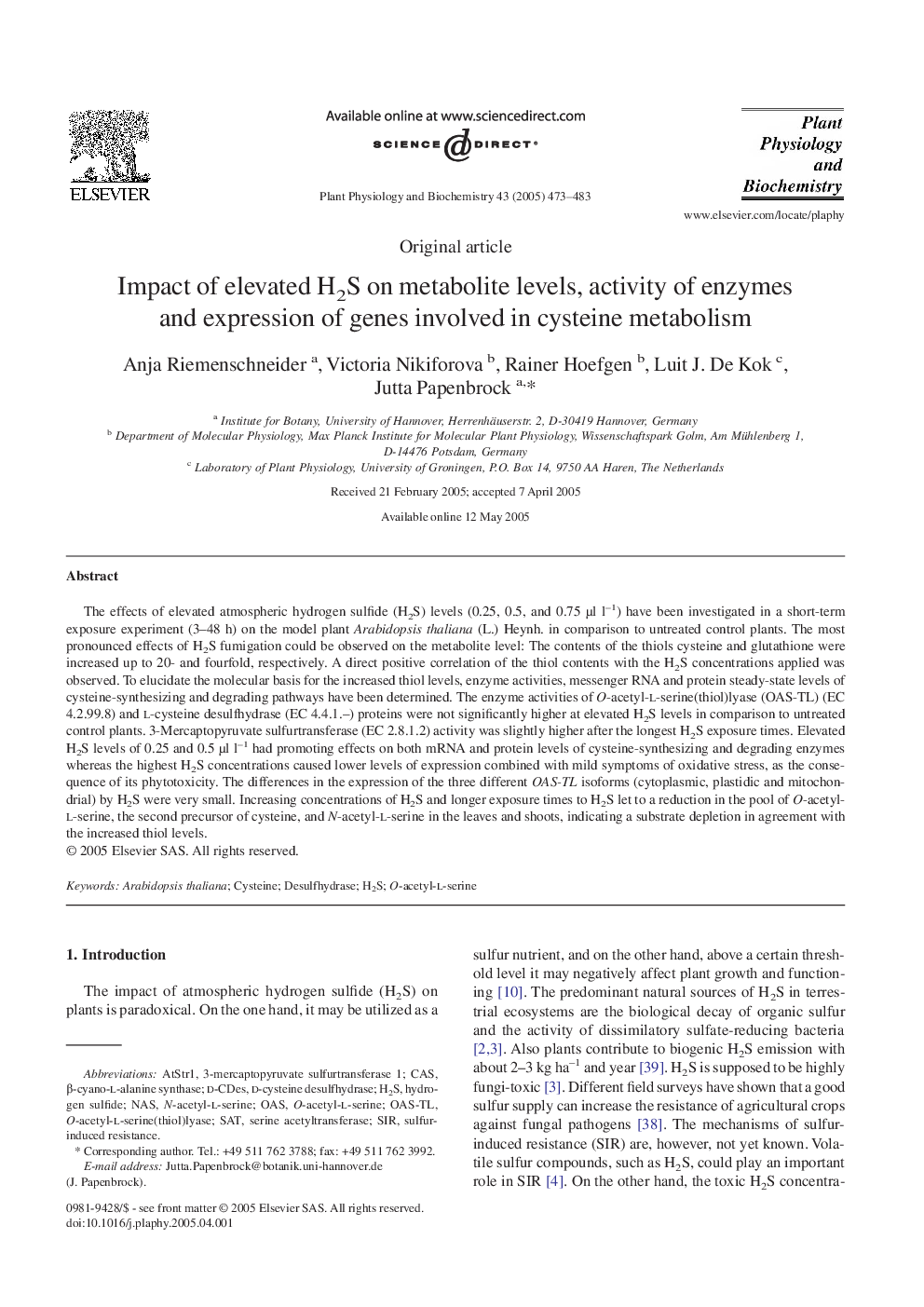 Impact of elevated H2S on metabolite levels, activity of enzymes and expression of genes involved in cysteine metabolism