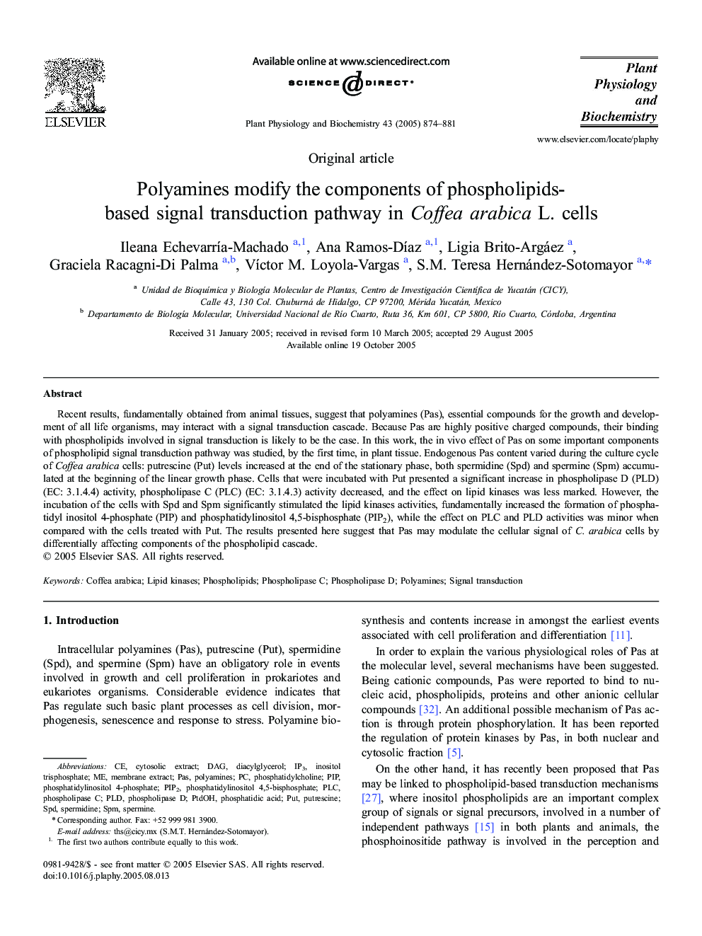 Polyamines modify theÂ components ofÂ phospholipids-based signal transduction pathway inÂ CoffeaÂ arabica L. cells