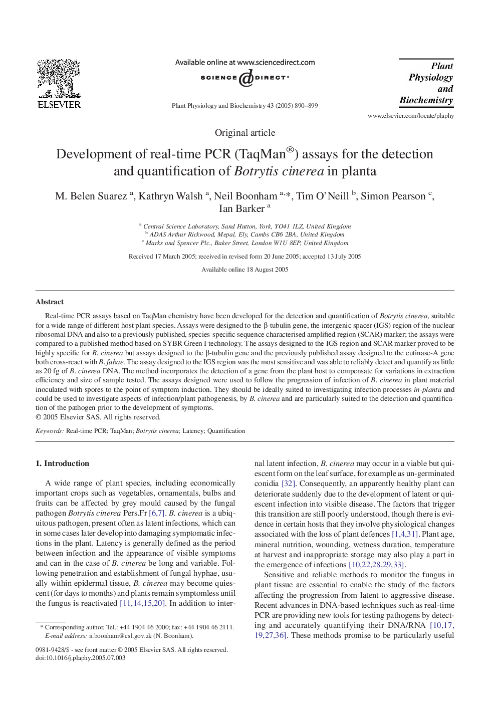 Development of real-time PCR (TaqMan®) assays for the detection and quantification of Botrytis cinerea in planta