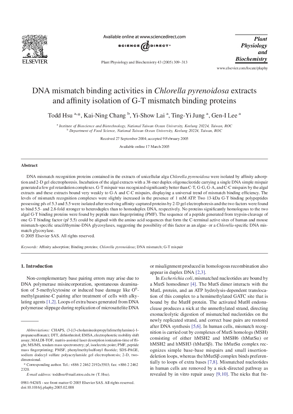 DNA mismatch binding activities in Chlorella pyrenoidosa extracts and affinity isolation of G-T mismatch binding proteins