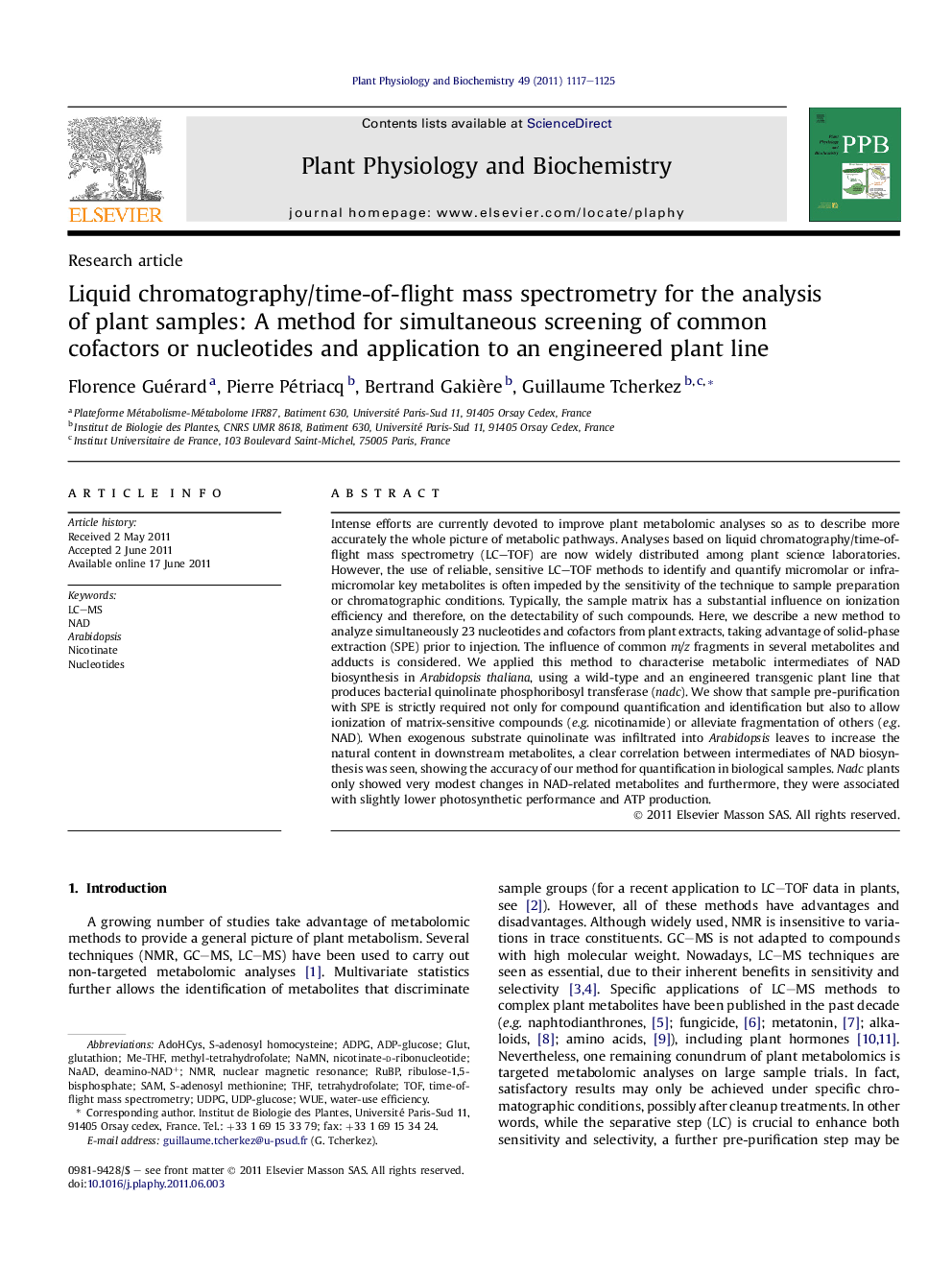 Liquid chromatography/time-of-flight mass spectrometry for the analysis of plant samples: A method for simultaneous screening of common cofactors or nucleotides and application to an engineered plant line