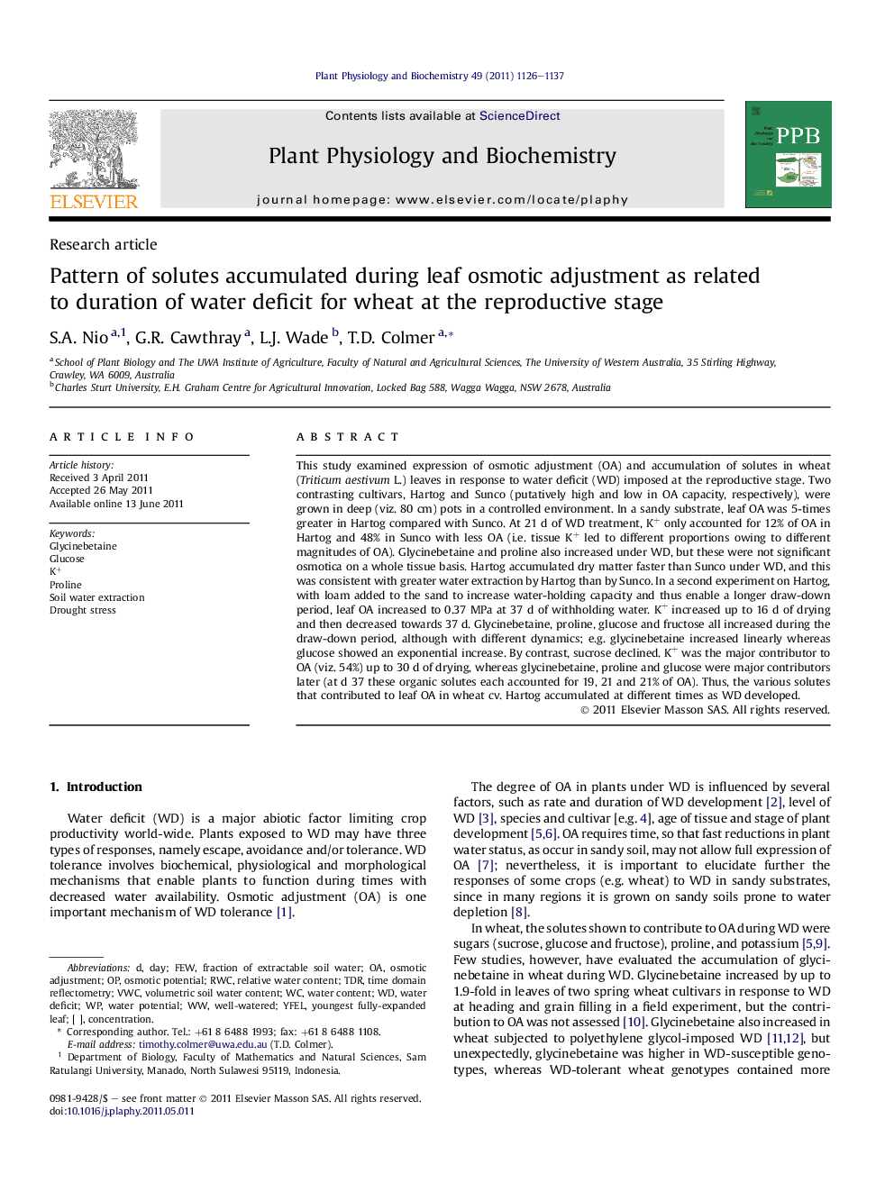 Pattern of solutes accumulated during leaf osmotic adjustment as related to duration of water deficit for wheat at the reproductive stage