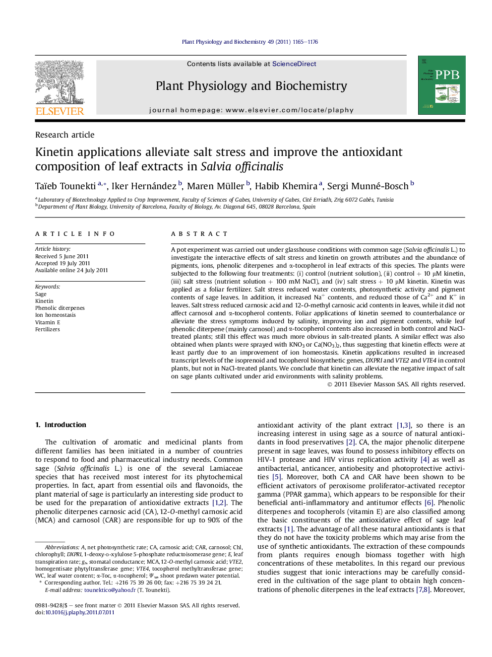 Kinetin applications alleviate salt stress and improve the antioxidant composition of leaf extracts in Salvia officinalis