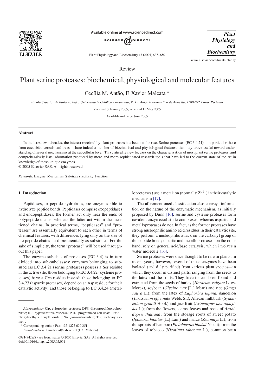 Plant serine proteases: biochemical, physiological and molecular features