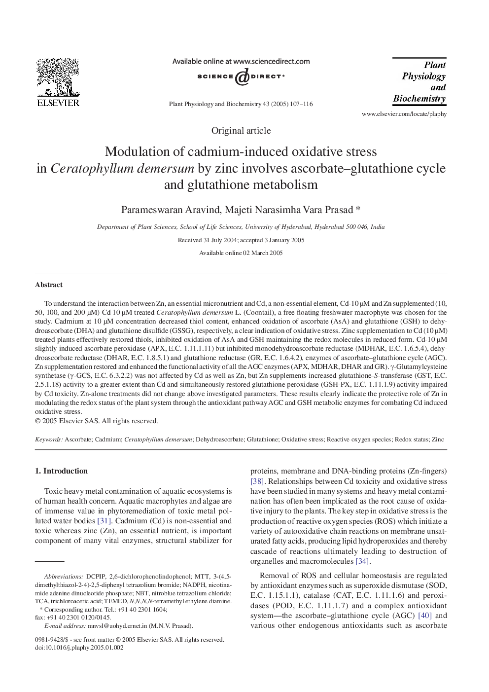 Modulation of cadmium-induced oxidative stress in Ceratophyllum demersum by zinc involves ascorbate-glutathione cycle and glutathione metabolism