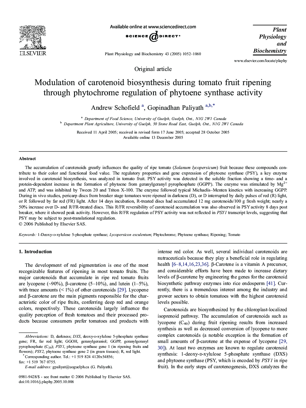 Modulation ofÂ carotenoid biosynthesis during tomato fruit ripening through phytochrome regulation ofÂ phytoene synthase activity