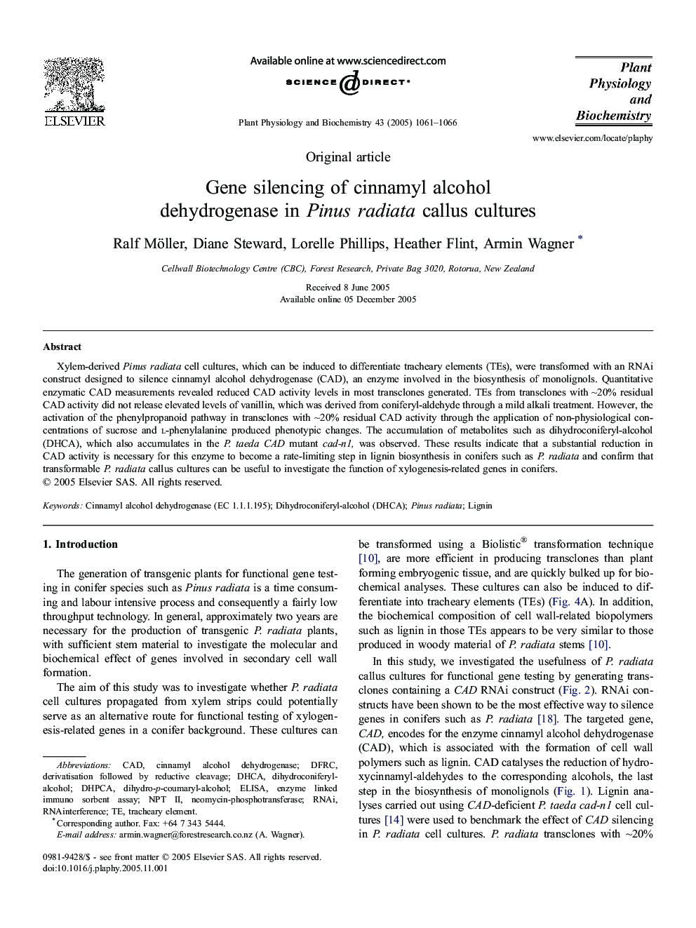 Gene silencing ofÂ cinnamyl alcohol dehydrogenase inÂ PinusÂ radiata callus cultures