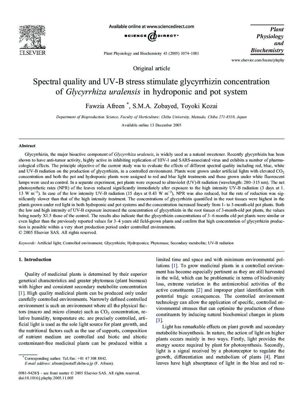 Spectral quality andÂ UV-B stress stimulate glycyrrhizin concentration ofÂ GlycyrrhizaÂ uralensis inÂ hydroponic andÂ pot system