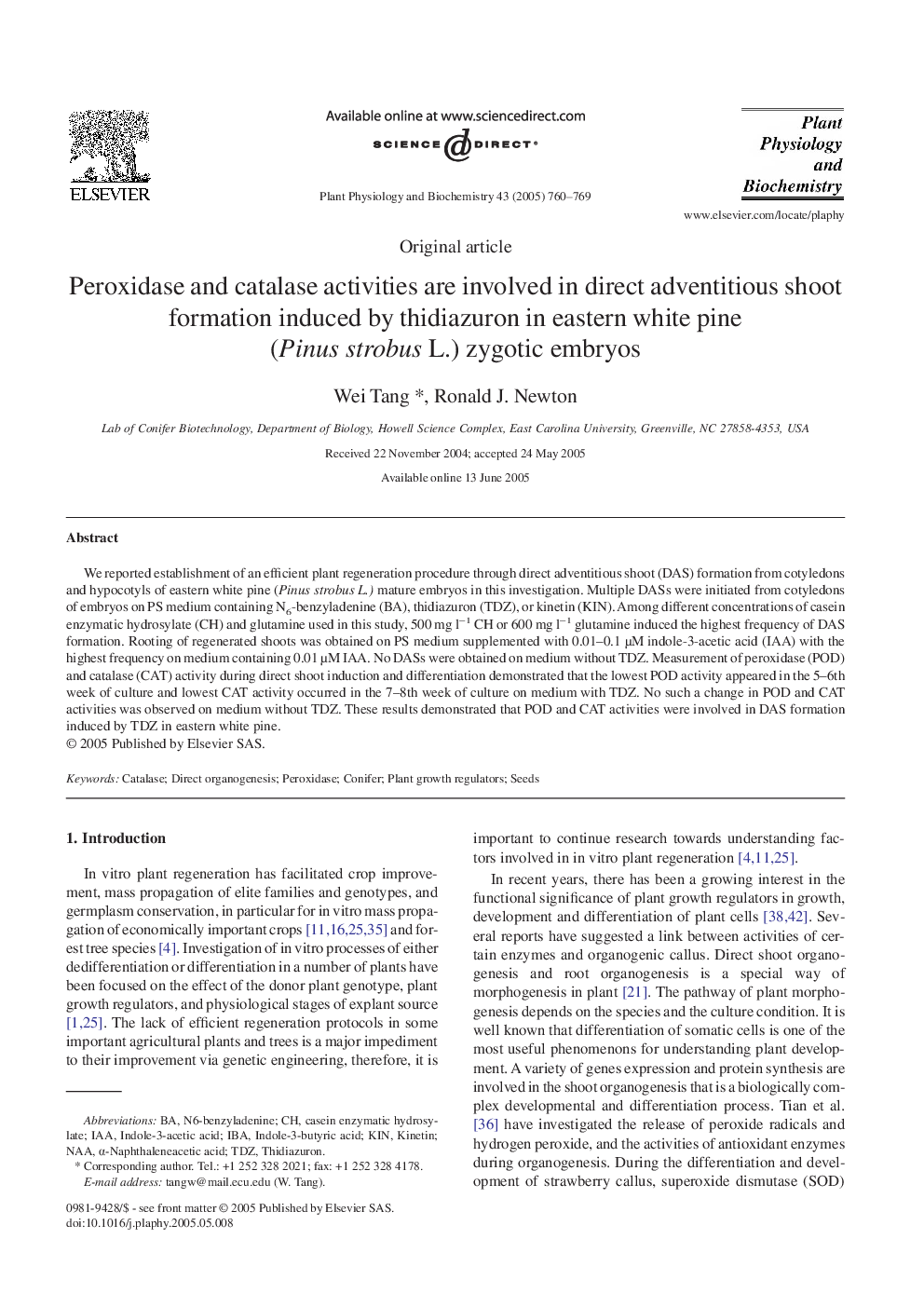 Peroxidase and catalase activities are involved in direct adventitious shoot formation induced by thidiazuron in eastern white pine (Pinus strobus L.) zygotic embryos