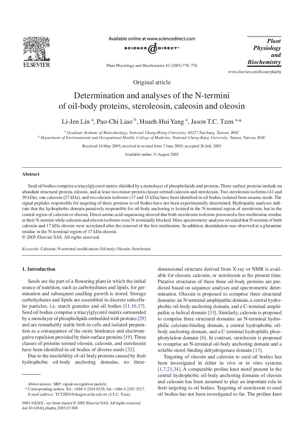 Determination and analyses of the N-termini of oil-body proteins, steroleosin, caleosin and oleosin