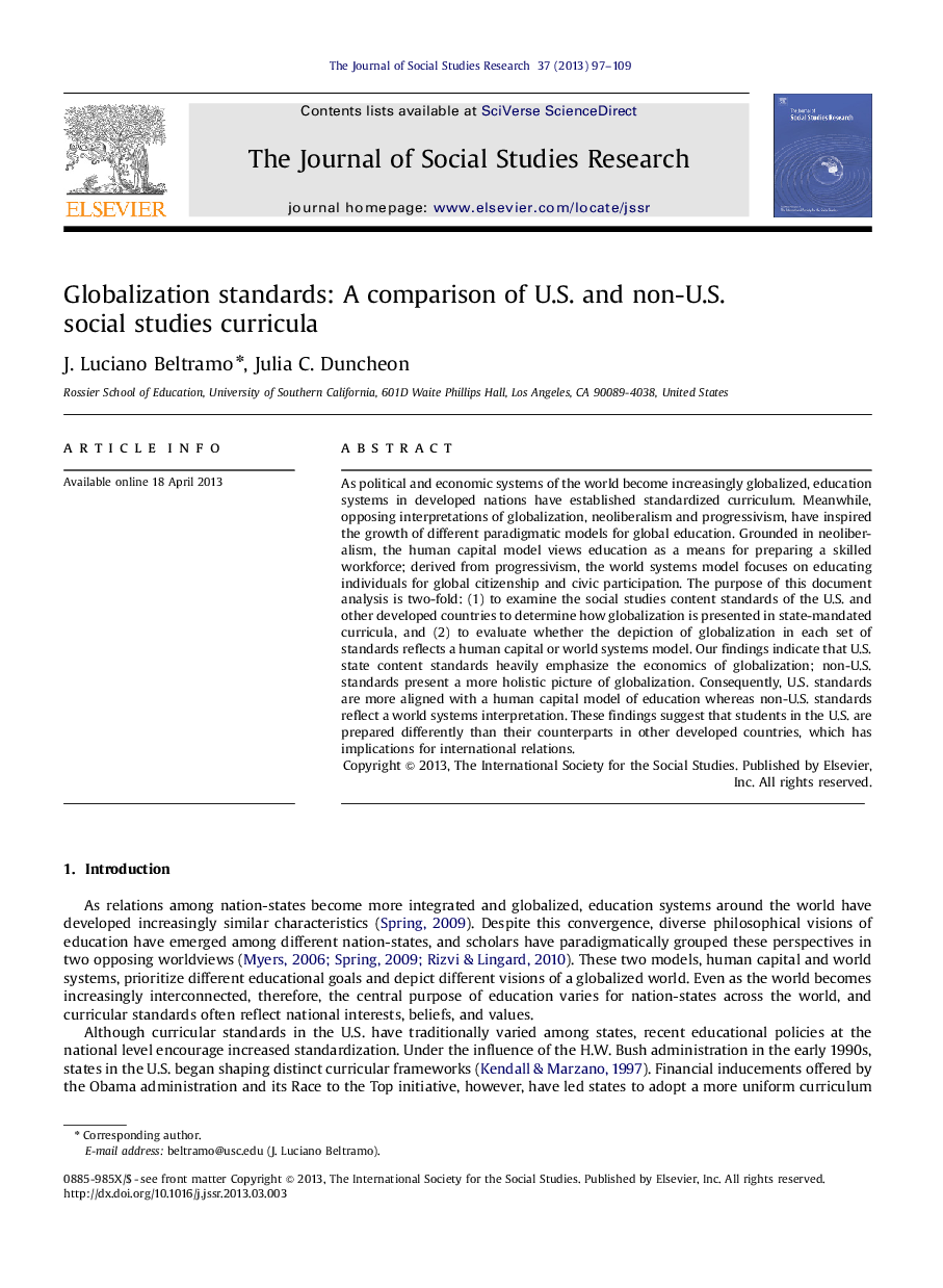 Globalization standards: A comparison of U.S. and non-U.S. social studies curricula