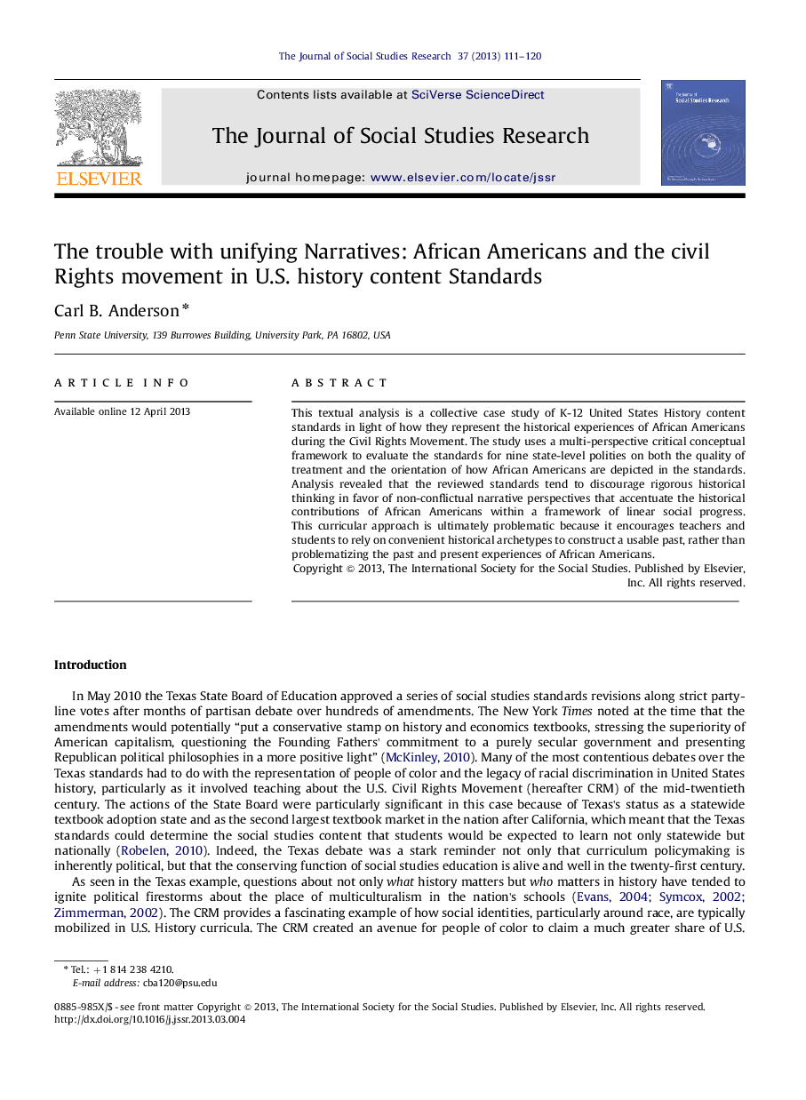The trouble with unifying Narratives: African Americans and the civil Rights movement in U.S. history content Standards