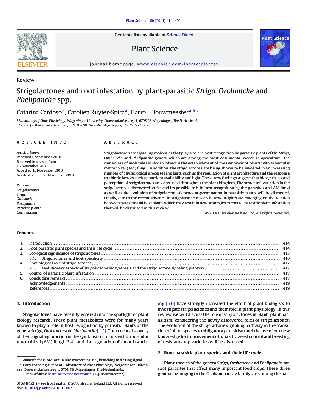 Strigolactones and root infestation by plant-parasitic Striga, Orobanche and Phelipanche spp.