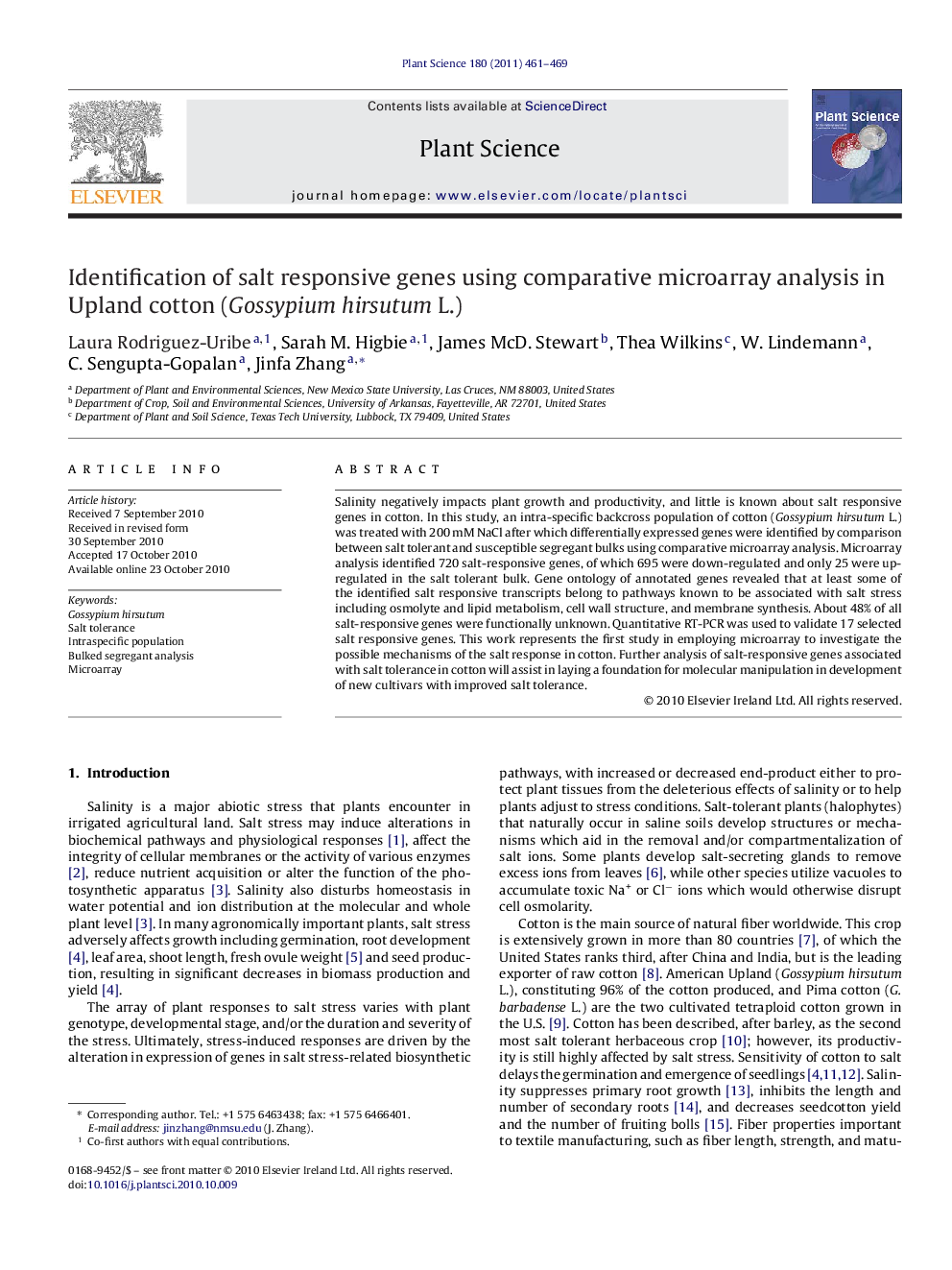 Identification of salt responsive genes using comparative microarray analysis in Upland cotton (Gossypium hirsutum L.)