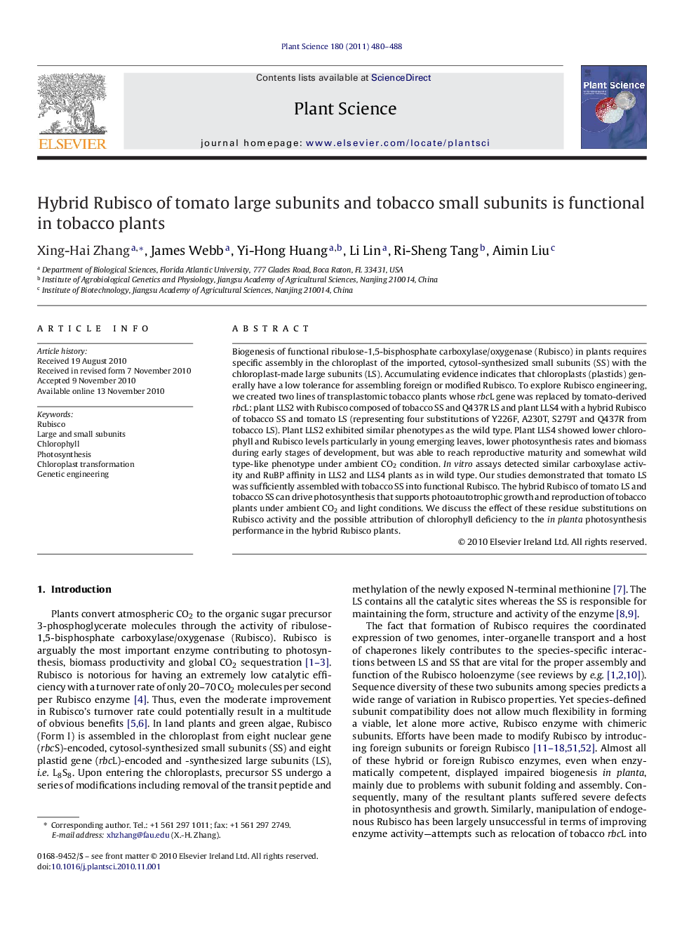 Hybrid Rubisco of tomato large subunits and tobacco small subunits is functional in tobacco plants