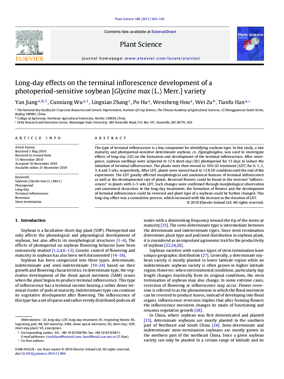 Long-day effects on the terminal inflorescence development of a photoperiod-sensitive soybean [Glycine max (L.) Merr.] variety