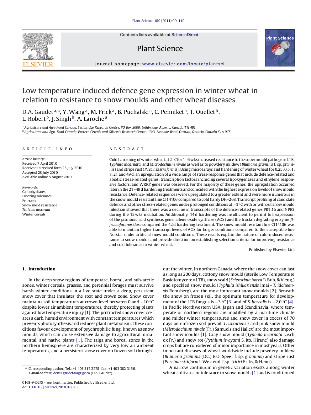 Low temperature induced defence gene expression in winter wheat in relation to resistance to snow moulds and other wheat diseases