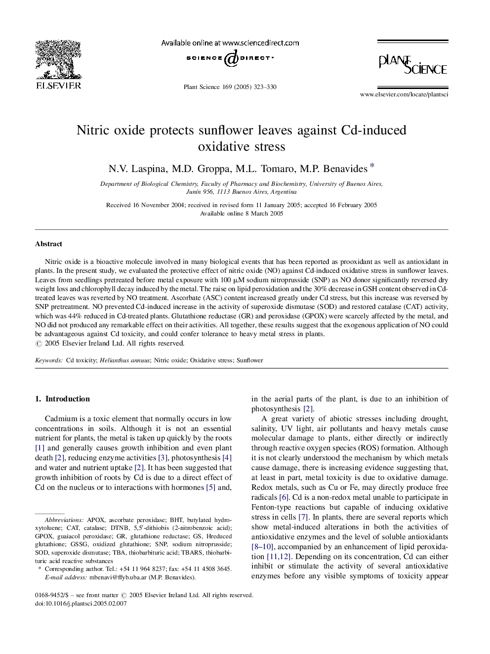 Nitric oxide protects sunflower leaves against Cd-induced oxidative stress