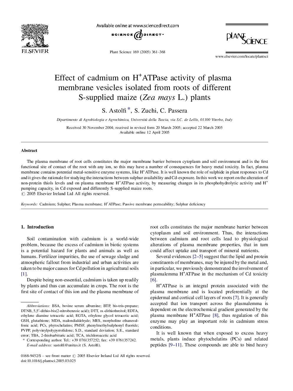 Effect of cadmium on H+ATPase activity of plasma membrane vesicles isolated from roots of different S-supplied maize (Zea mays L.) plants