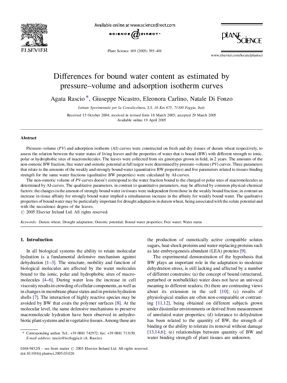 Differences for bound water content as estimated by pressure-volume and adsorption isotherm curves