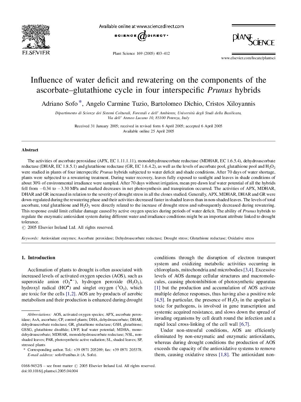 Influence of water deficit and rewatering on the components of the ascorbate-glutathione cycle in four interspecific Prunus hybrids