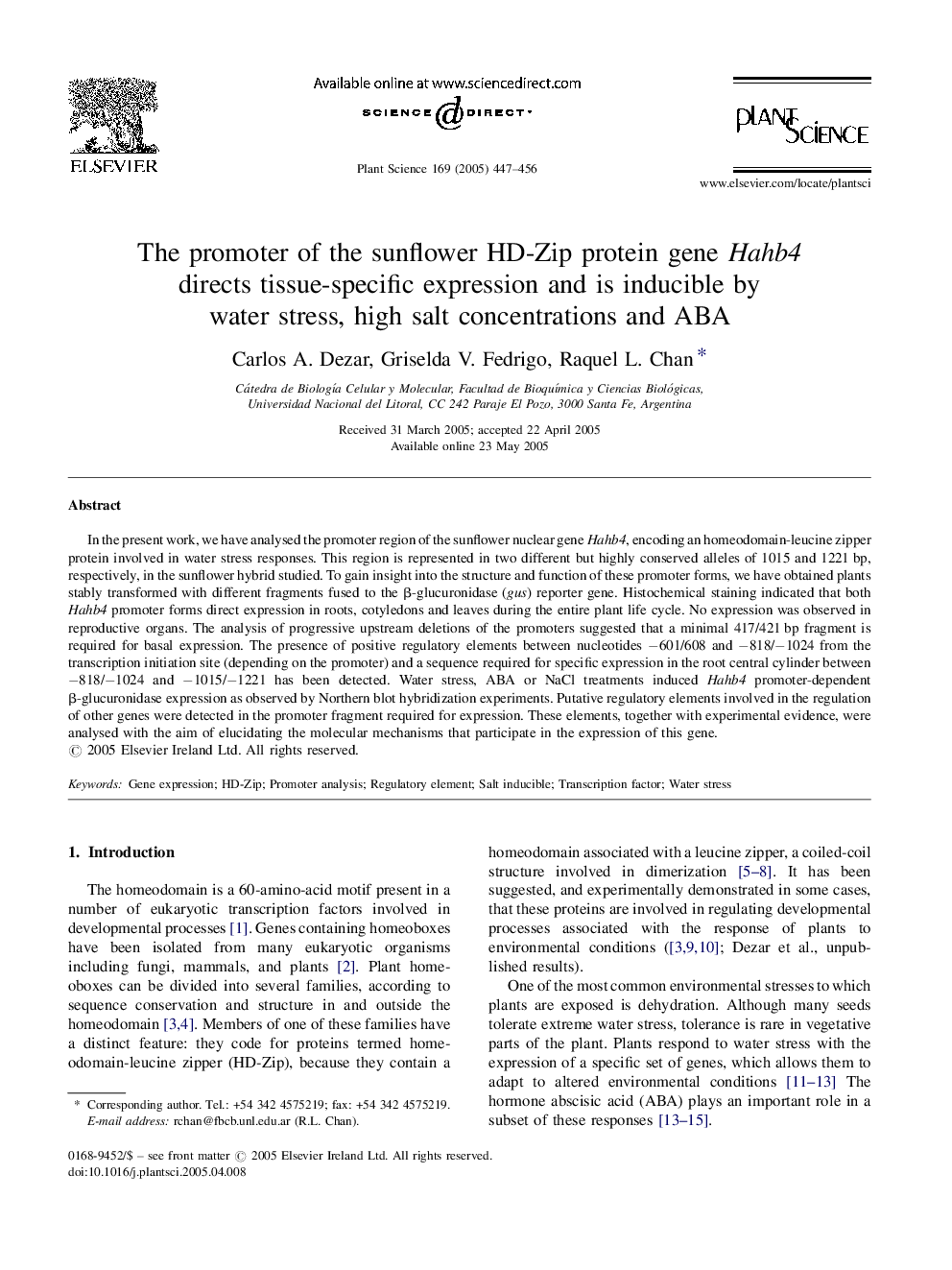 The promoter of the sunflower HD-Zip protein gene Hahb4 directs tissue-specific expression and is inducible by water stress, high salt concentrations and ABA