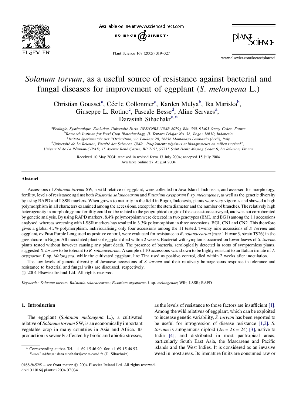 Solanum torvum, as a useful source of resistance against bacterial and fungal diseases for improvement of eggplant (S. melongena L.)