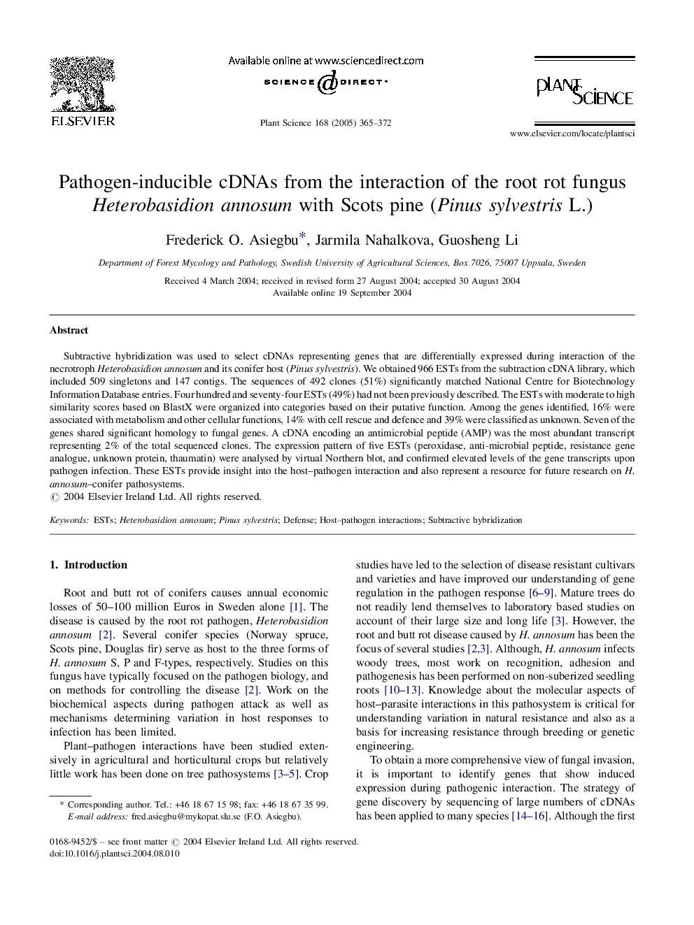 Pathogen-inducible cDNAs from the interaction of the root rot fungus Heterobasidion annosum with Scots pine (Pinus sylvestris L.)