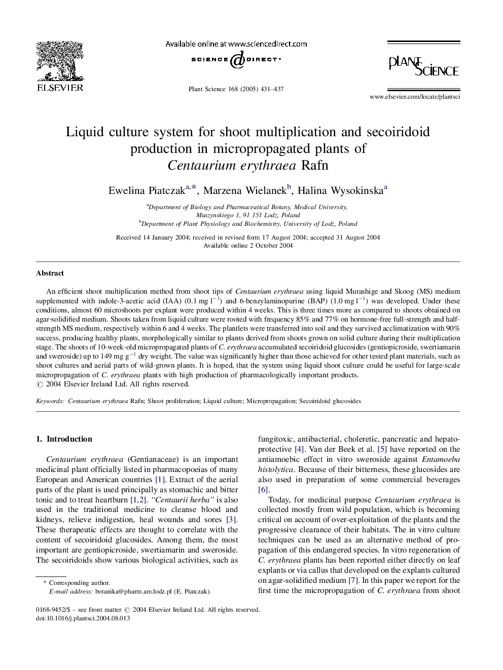 Liquid culture system for shoot multiplication and secoiridoid production in micropropagated plants of Centaurium erythraea Rafn