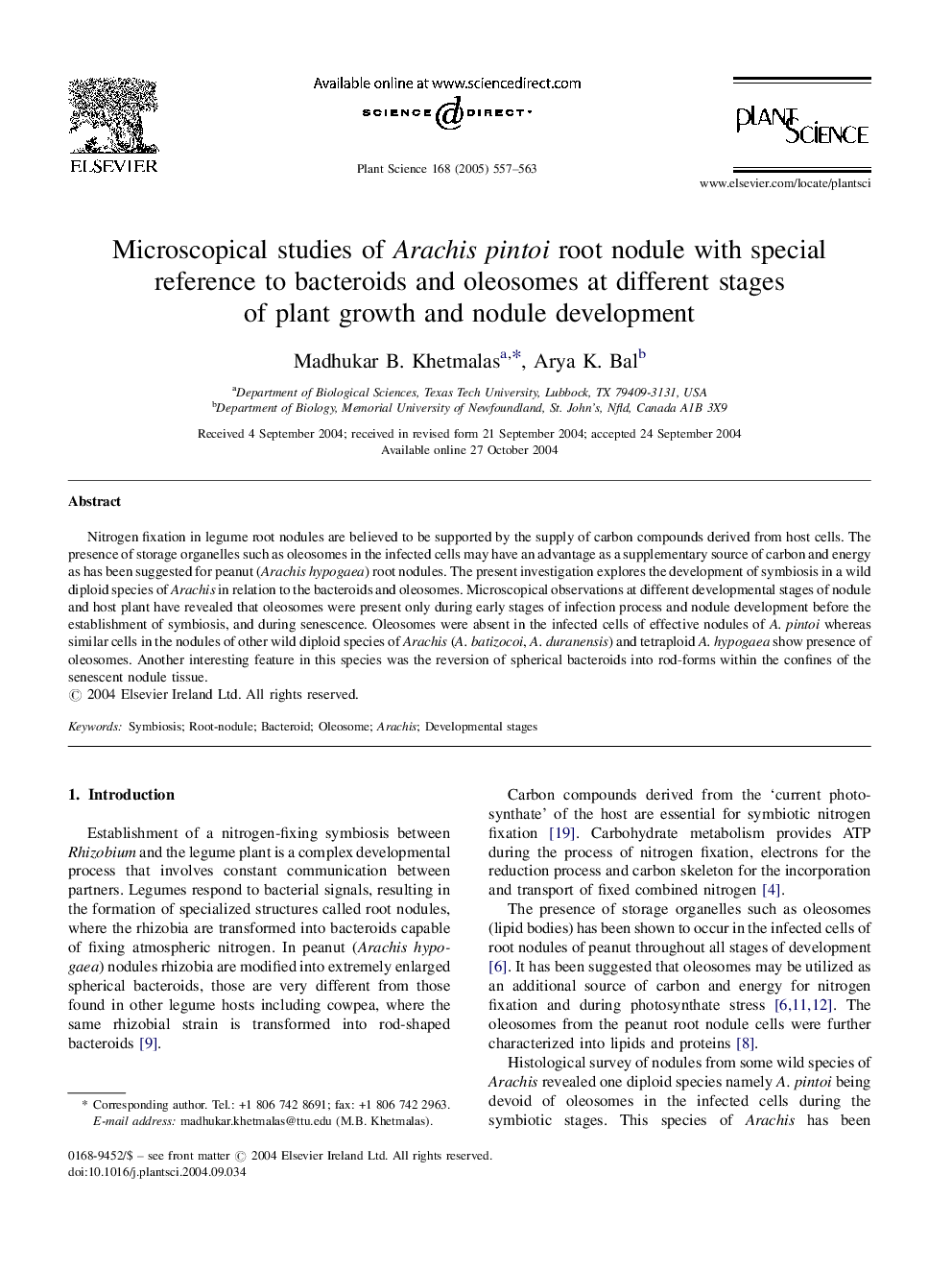 Microscopical studies of Arachis pintoi root nodule with special reference to bacteroids and oleosomes at different stages of plant growth and nodule development