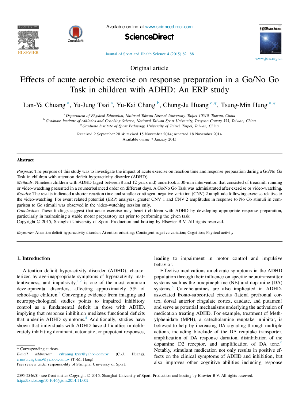 Effects of acute aerobic exercise on response preparation in a Go/No Go Task in children with ADHD: An ERP study 