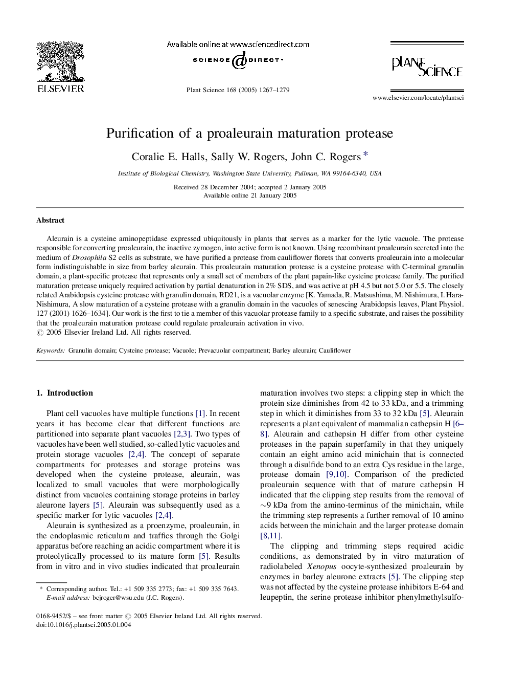 Purification of a proaleurain maturation protease
