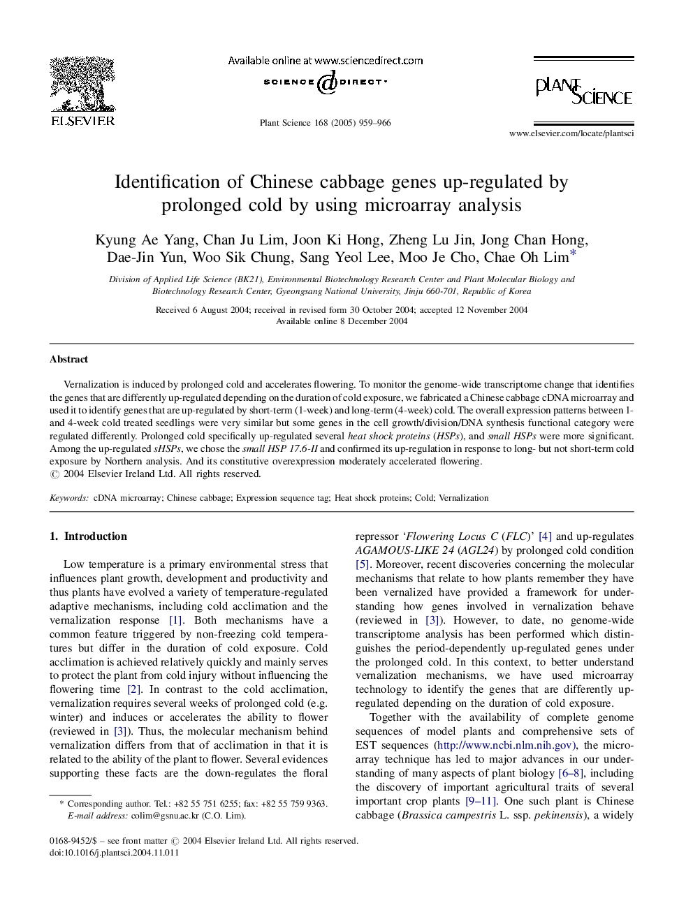 Identification of Chinese cabbage genes up-regulated by prolonged cold by using microarray analysis