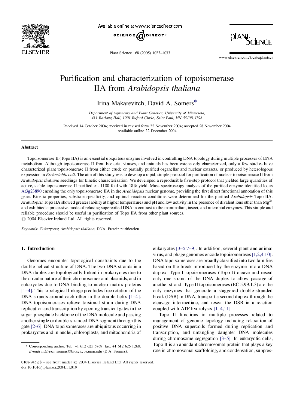 Purification and characterization of topoisomerase IIA from Arabidopsis thaliana