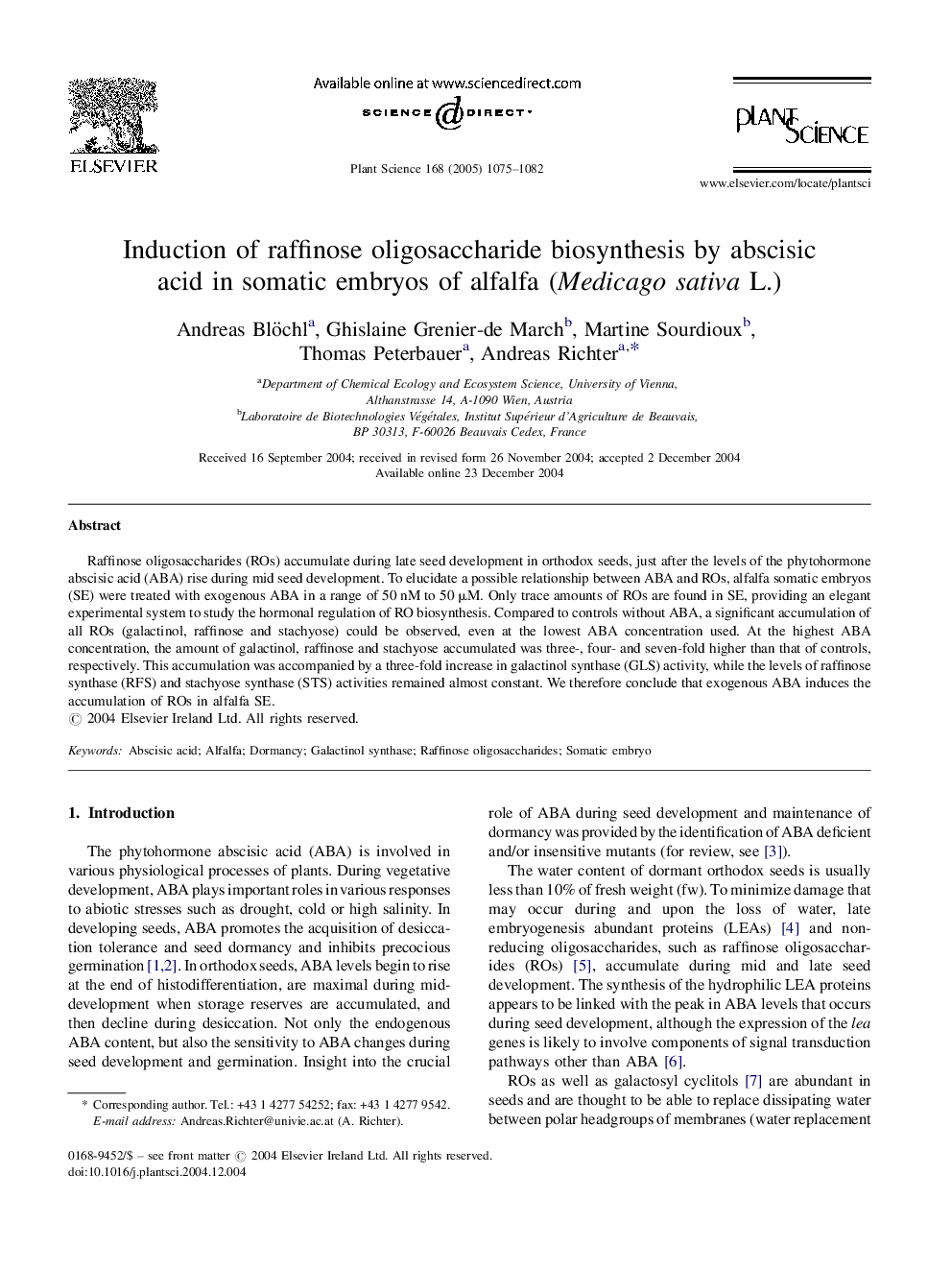 Induction of raffinose oligosaccharide biosynthesis by abscisic acid in somatic embryos of alfalfa (Medicago sativa L.)