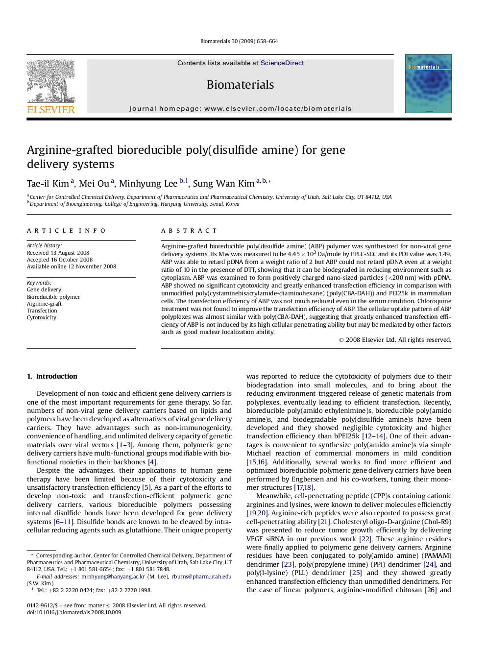 Arginine-grafted bioreducible poly(disulfide amine) for gene delivery systems